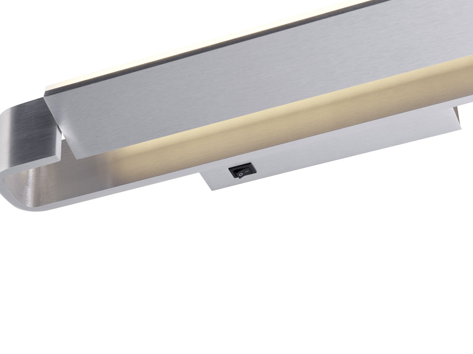 Moderne LED-Wandleuchte BOX aus gebürstetem Metall mit Schalter, seitliche Perspektive