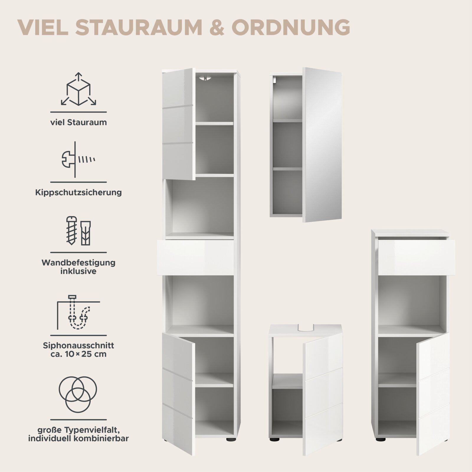 Hochschrank mit viel Stauraum und Kippschutzsicherung, inklusive Wandbefestigung und Siphonausschnitt, in frontaler und seitlicher Perspektive.