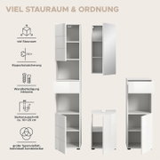 Hochschrank mit viel Stauraum und Kippschutzsicherung, inklusive Wandbefestigung und Siphonausschnitt, in frontaler und seitlicher Perspektive.