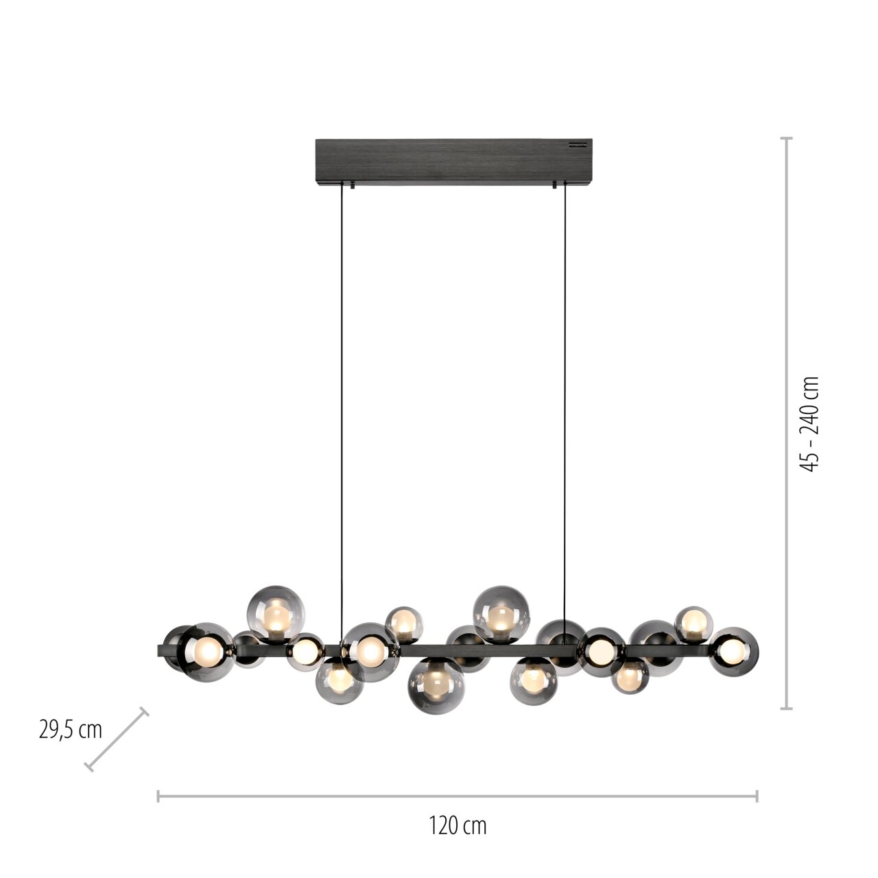 Moderne LED-Pendelleuchte mit mehreren kugelförmigen Glaselementen, seitliche Perspektive
