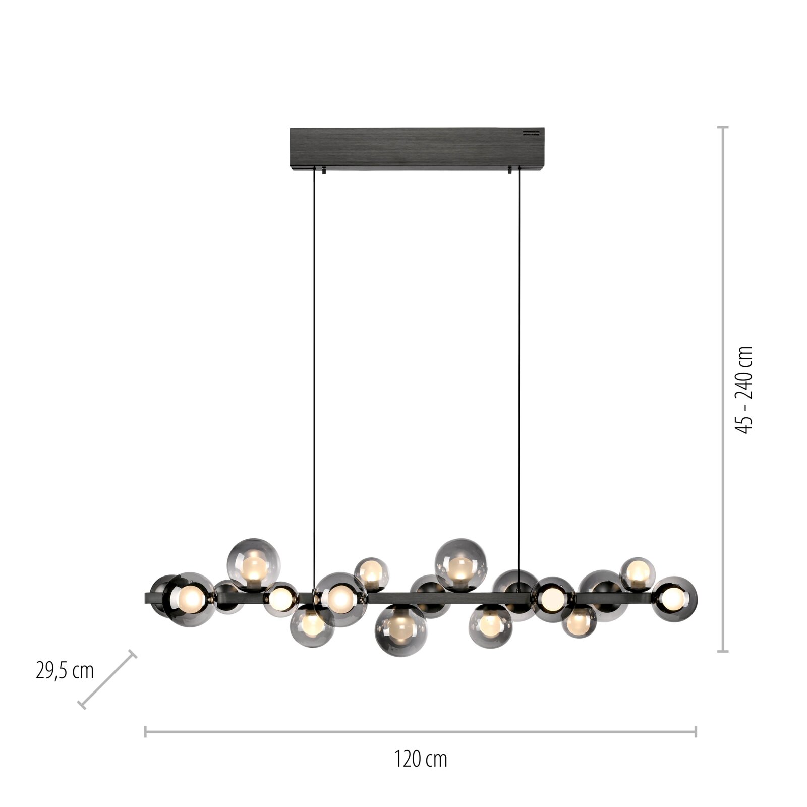 Moderne LED-Pendelleuchte mit mehreren kugelförmigen Glaselementen, seitliche Perspektive