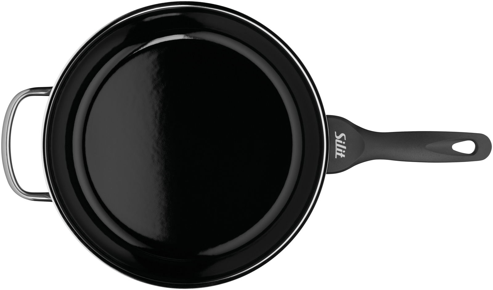 Ansicht von oben auf eine schwarze Stielpfanne mit einem langen Griff und einem zusätzlichen Haltegriff.