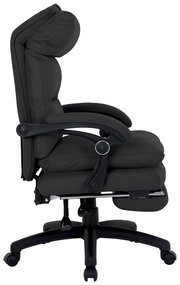 Seitliche Ansicht eines schwarzen Chefsessels mit gepolsterter Rückenlehne und Armlehnen.