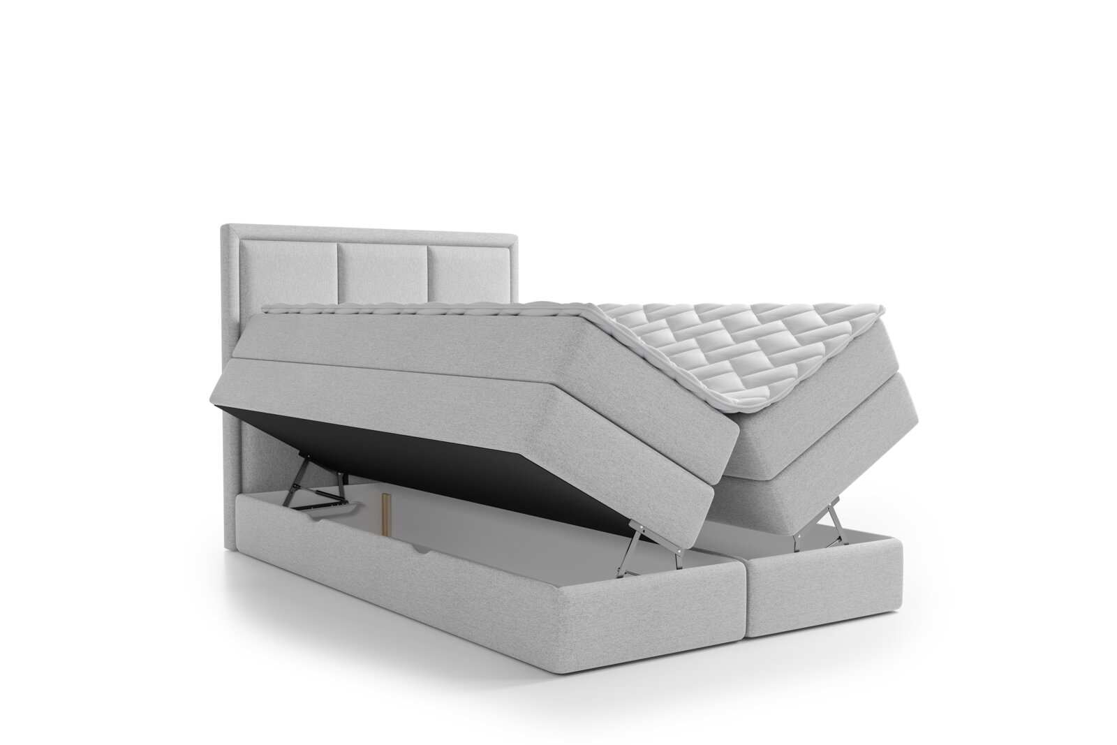Lichtgrijs gestoffeerd tweepersoons boxspringbed met hoge verstelbare matrassen en open opbergruimte, schuin van voren weergegeven.