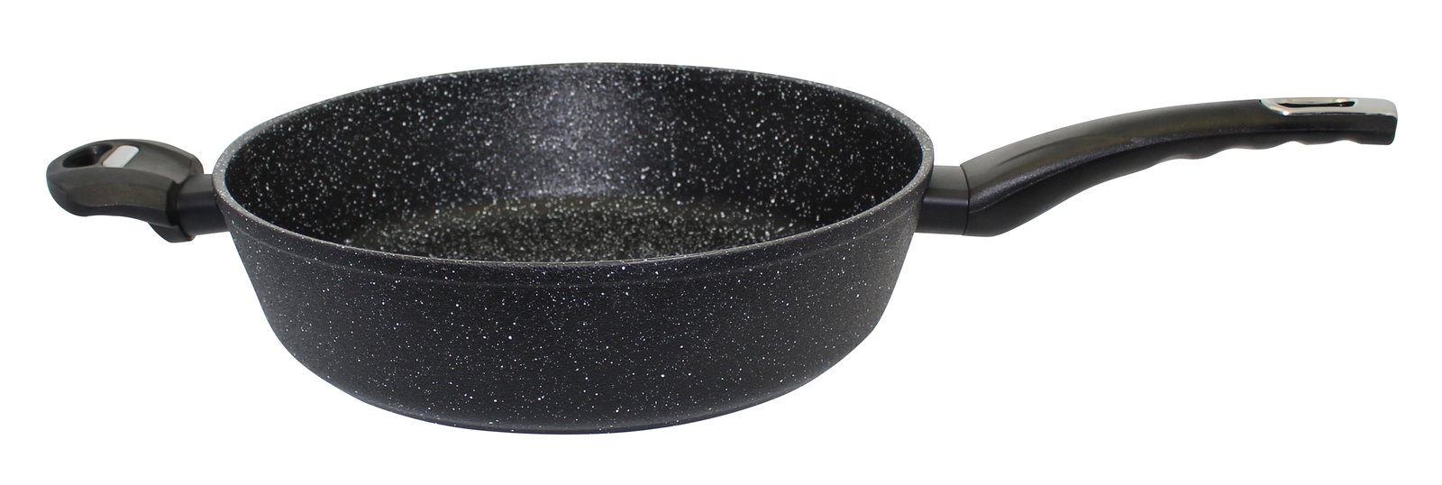 Elo Schmorpfanne GRANIT EVOLUTION Granit Schmorpfanne 28cm mit schwarzer, gesprenkelter Oberfläche und ergonomischem Griff, seitliche Perspektive