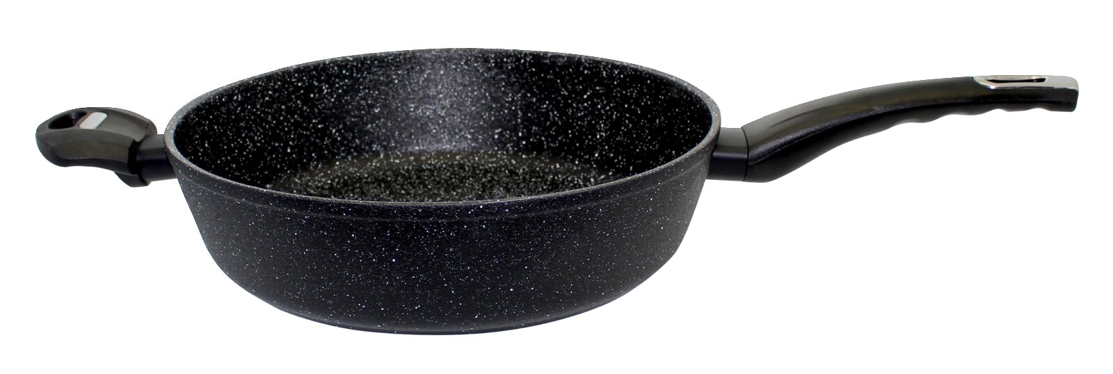 Granieten braadpan van 28 cm met een zwart, gespikkeld oppervlak en een ergonomisch handvat, zijaanzicht