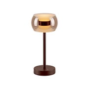 Moderne Tischleuchte mit kugelförmigem, transparent getöntem Glasschirm und warmem Licht, brauner Metallfuß mit Schalter, freigestellt auf weißem Hintergrund, Frontansicht