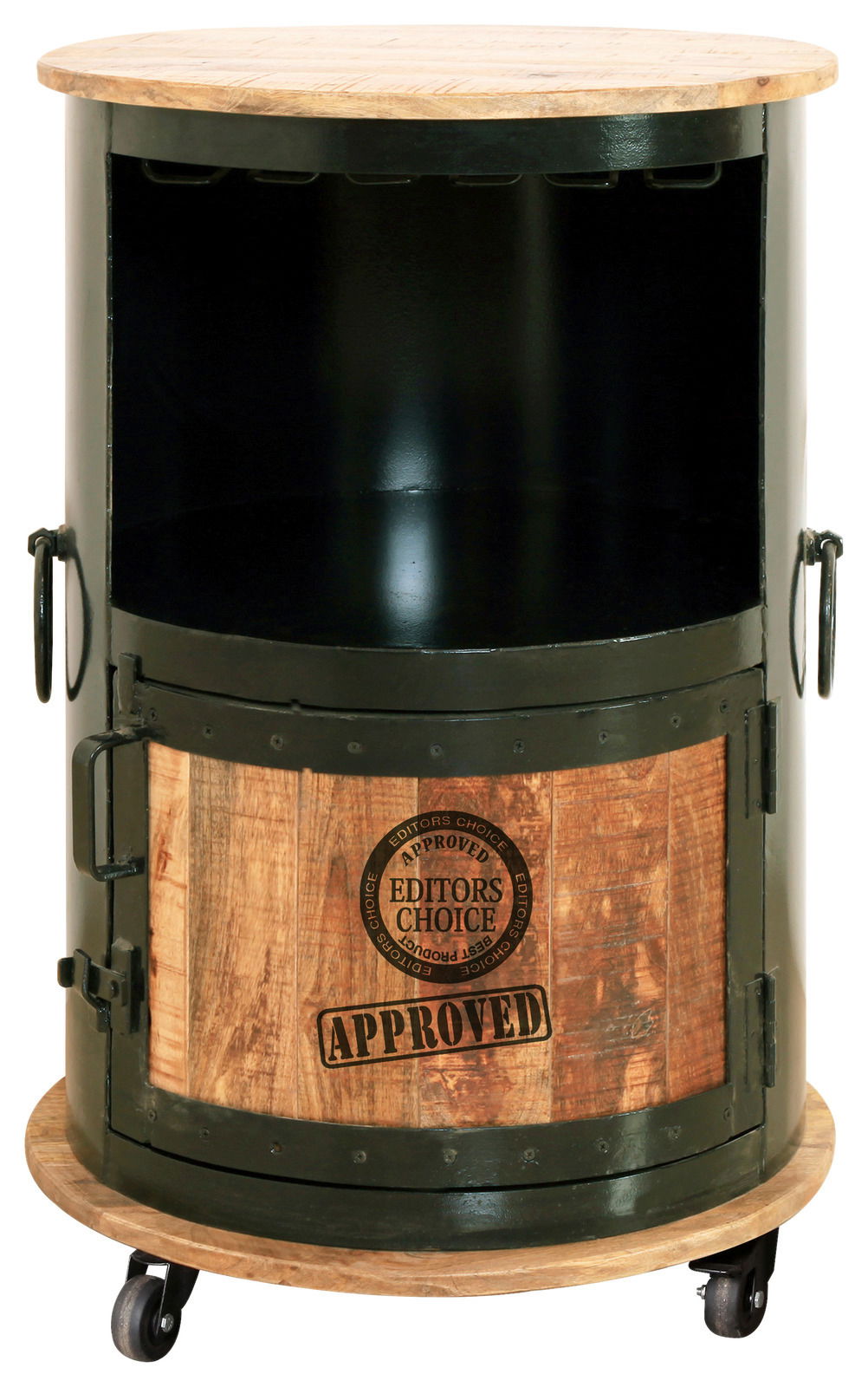 Landscape Barschrank IRON Runder Barschrank mit Holz- und Metallelementen, auf Rollen, mit geöffneter Tür und 'Editors Choice' Siegel, Frontalansicht