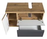 Waschbeckenunterschrank aus Holz mit geöffneter Schublade und Tür, Ansicht von oben