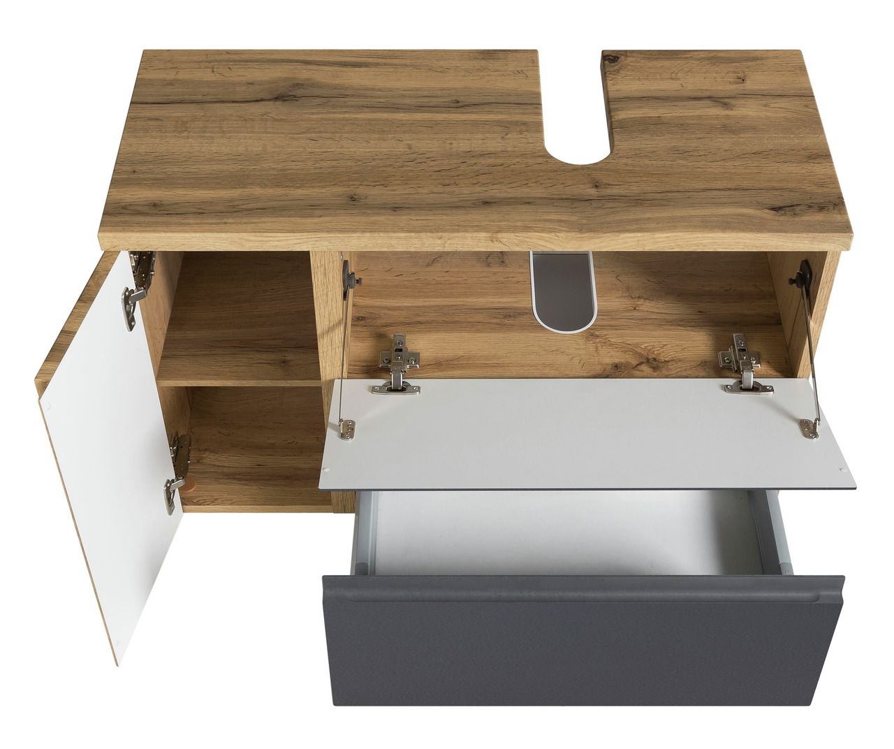 Waschbeckenunterschrank aus Holz mit geöffneter Schublade und Tür, Ansicht von oben