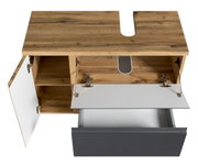 Waschbeckenunterschrank aus Holz mit geöffneter Schublade und Tür, Ansicht von oben