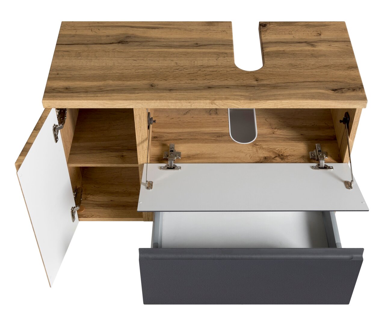Waschbeckenunterschrank aus Holz mit geöffneter Schublade und Tür, Ansicht von oben