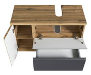 Waschbeckenunterschrank aus Holz mit geöffneter Schublade und Tür, Ansicht von oben