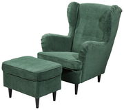 Grüner Sessel mit Hocker aus geripptem Stoff, seitliche Perspektive