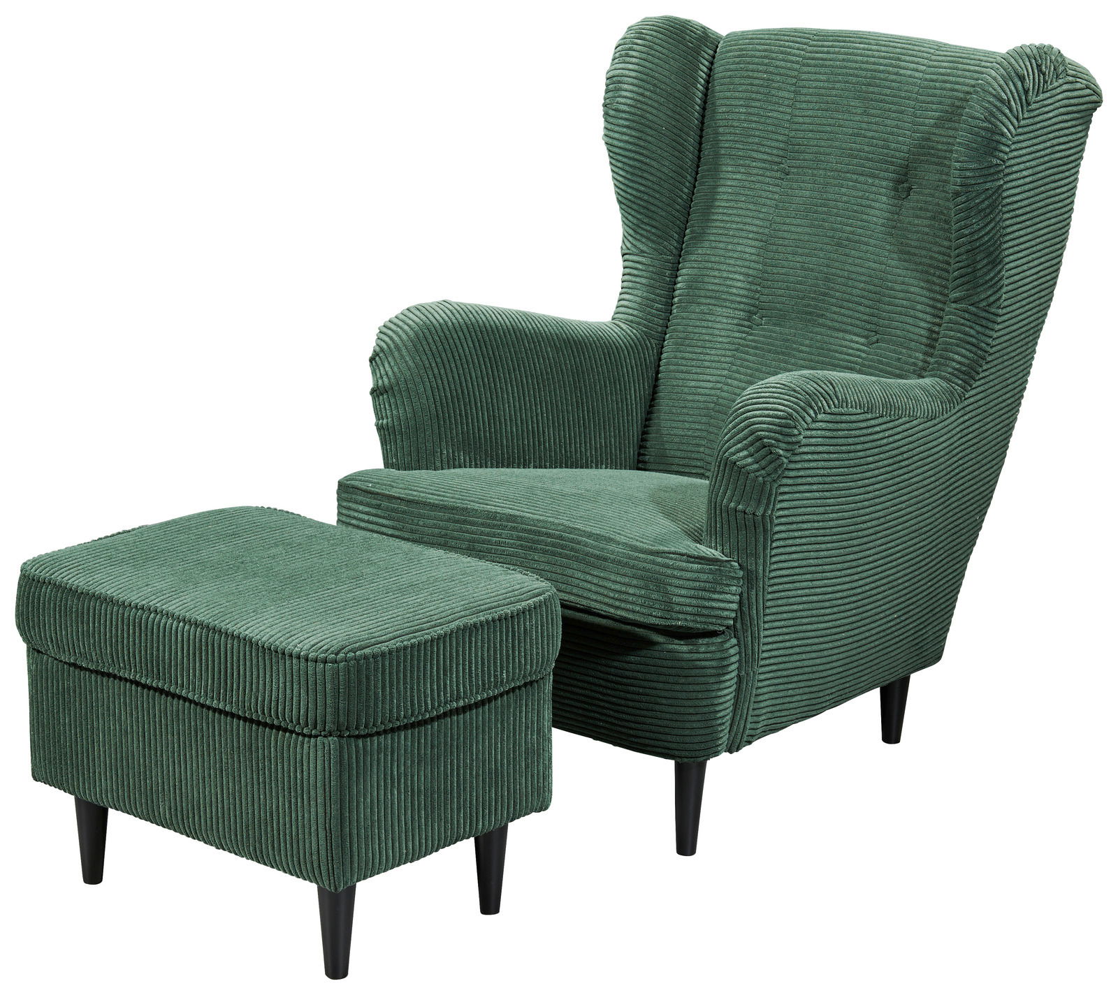 Grüner Sessel mit Hocker aus geripptem Stoff, seitliche Perspektive