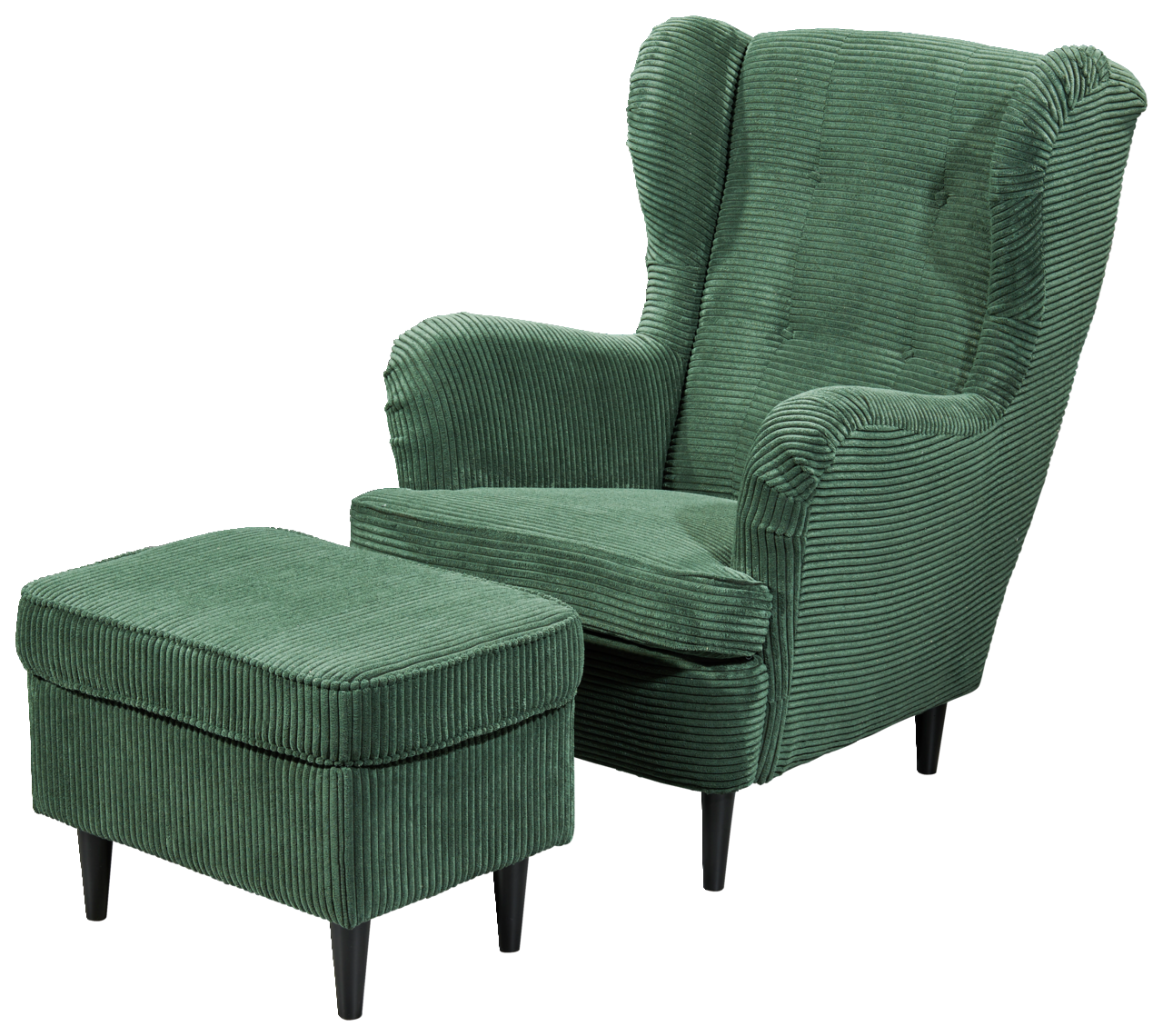 Grüner Sessel mit Hocker aus geripptem Stoff, seitliche Perspektive