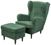 Grüner Sessel mit Hocker aus geripptem Stoff, seitliche Perspektive