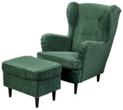 Groene fauteuil met bijzetkruk van geribbelde stof, zijaanzicht