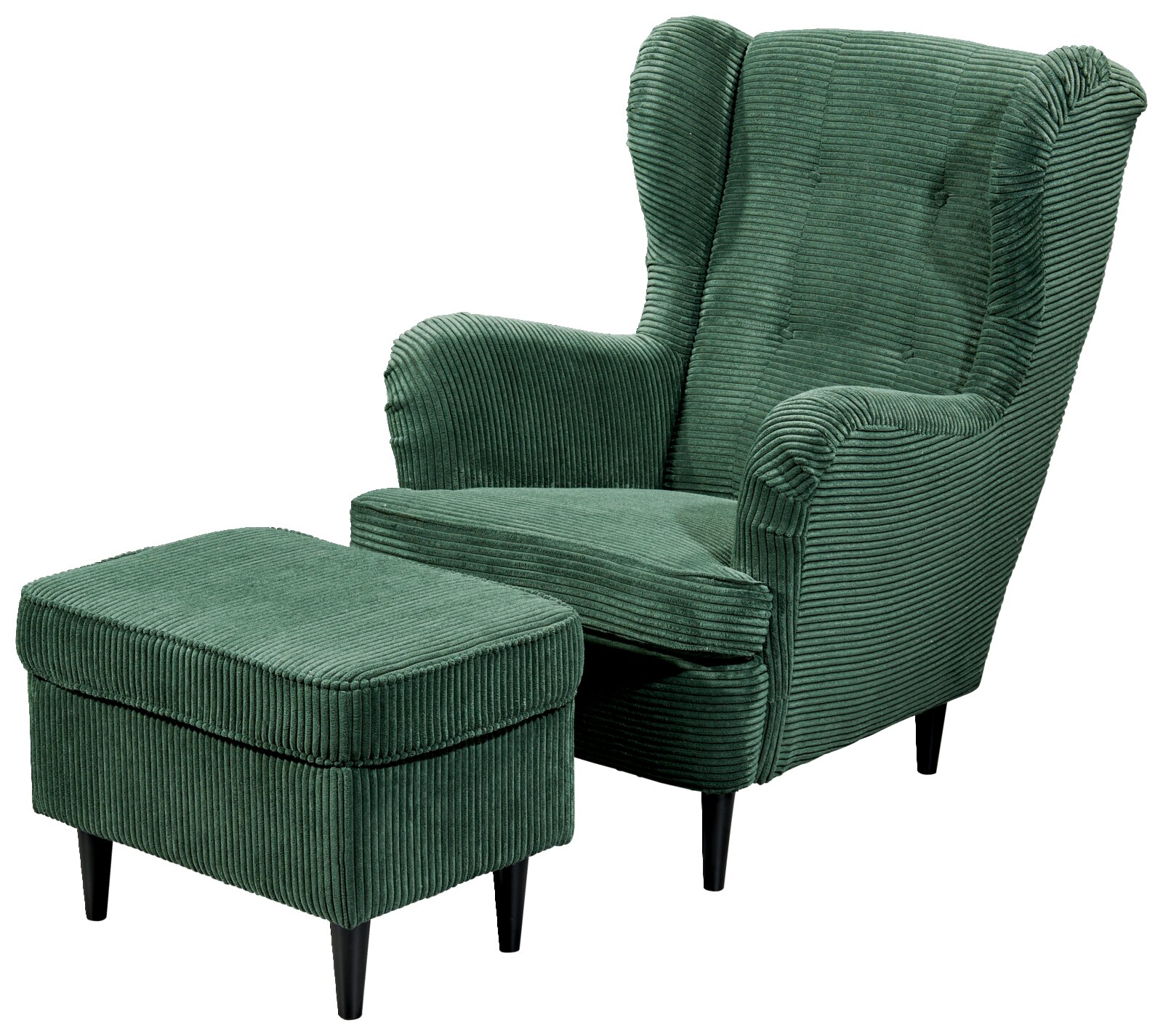 Groene fauteuil met bijzetkruk van geribbelde stof, zijaanzicht
