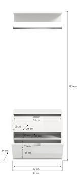 Weiße Kommode mit zwei Schubladen, frontal abgebildet, mit detaillierten Maßangaben.