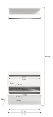 Weiße Kommode mit zwei Schubladen, frontal abgebildet, mit detaillierten Maßangaben.