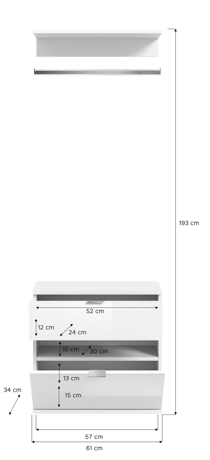 Weiße Kommode mit zwei Schubladen, frontal abgebildet, mit detaillierten Maßangaben.
