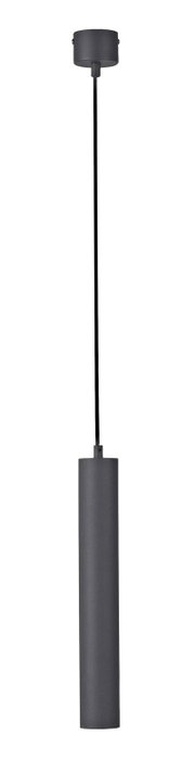 Slanke, cilindrische hanglamp in antraciet met een lange kabel en een ronde plafondbevestiging, vooraanzicht op een witte achtergrond