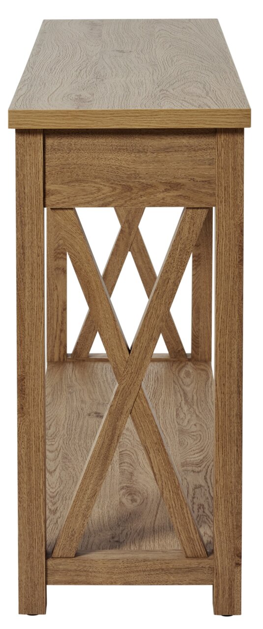 Houten console met X-vormige verstevigingsbalken, vooraanzicht