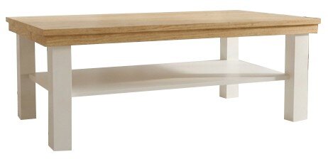Rechteckiger Couchtisch im Landhausstil mit naturfarbener Holzplatte, weißem Gestell und Ablageboden, Ansicht schräg von vorne