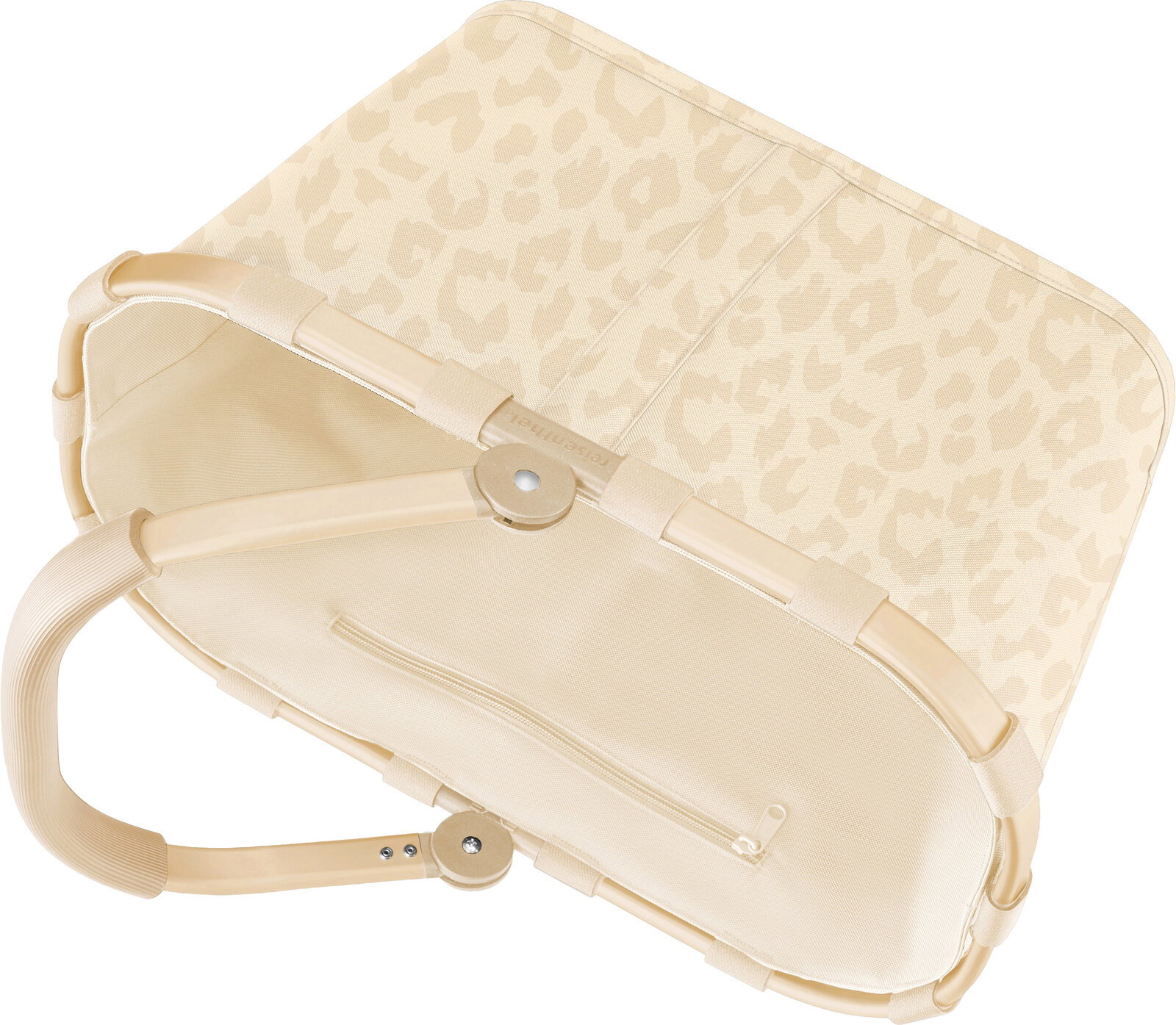 Beige Babywippe mit dezentem Leopardenmuster und gepolstertem Rahmen, Ansicht schräg von oben auf Sitzfläche und Gestell