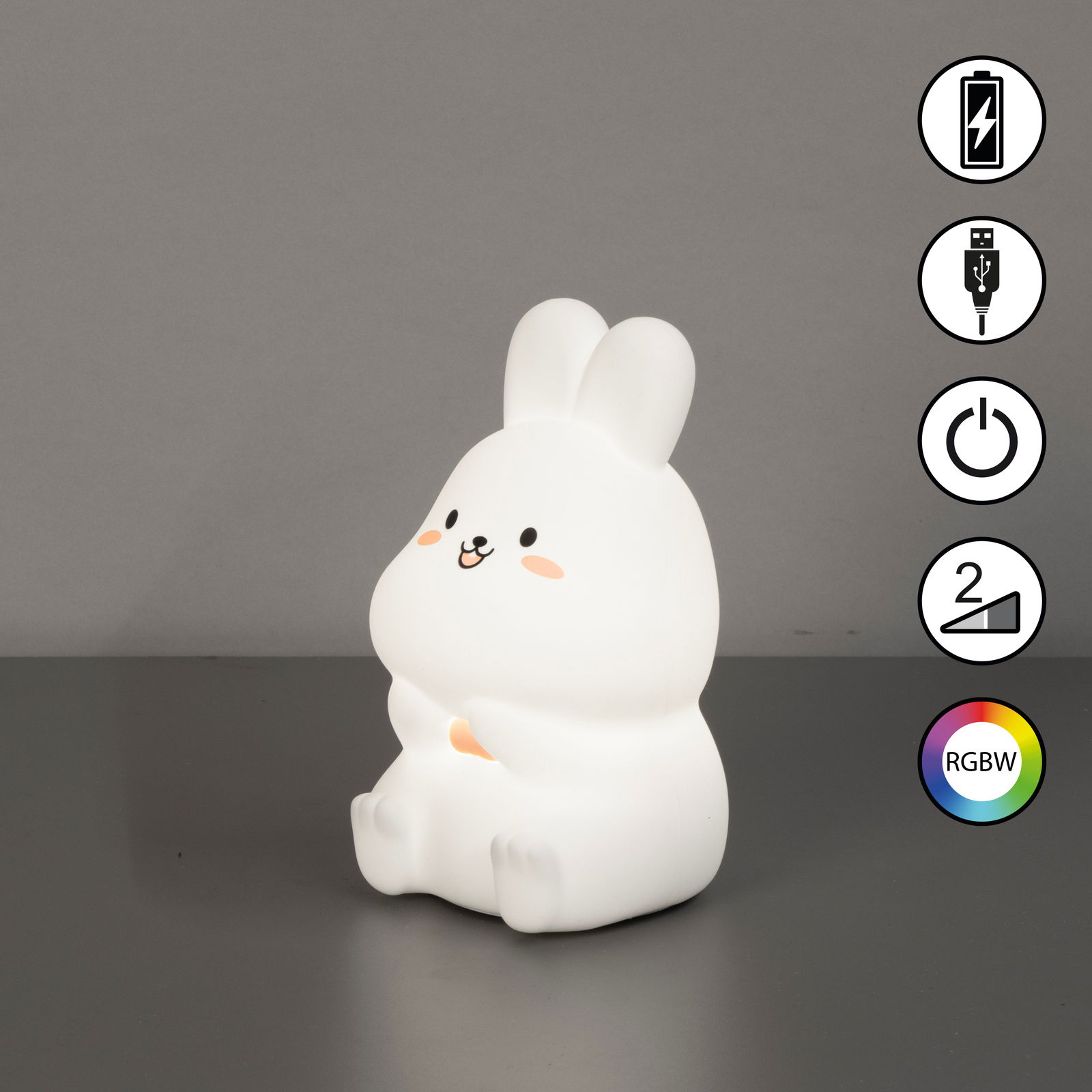 Niedliches Akku-Nachtlicht in Form eines sitzenden Hasen, seitliche Perspektive, mit USB-Anschluss und RGBW-Farbwechsel.