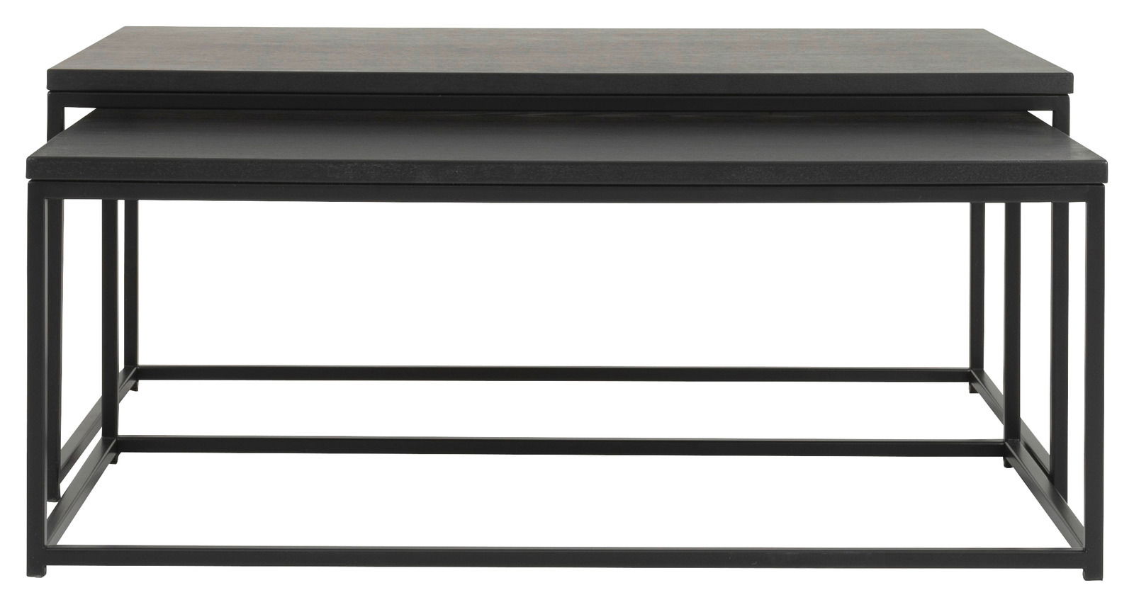 Modernes Couchtisch-Set aus zwei schwarzen Tischen mit Metallrahmen, frontal betrachtet.