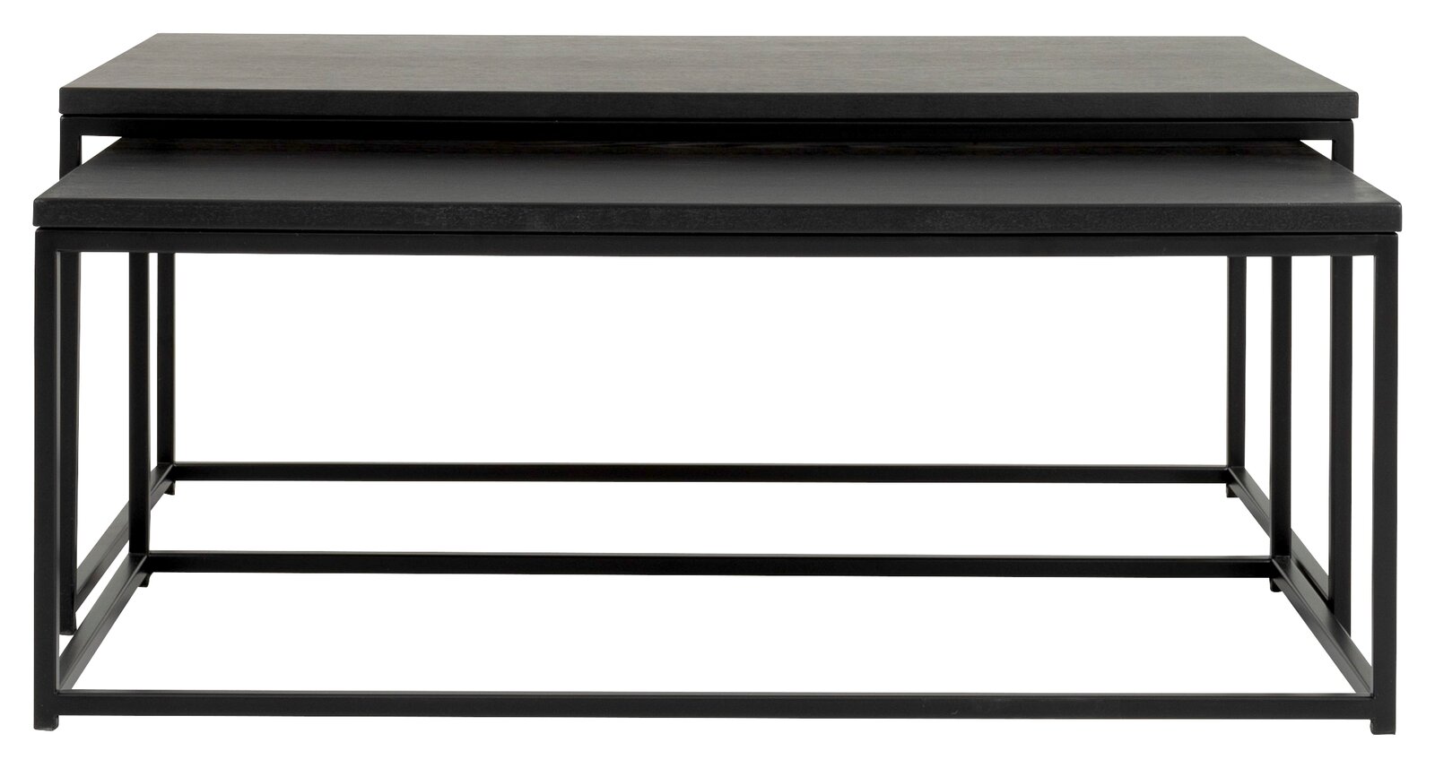 Modernes Couchtisch-Set aus zwei schwarzen Tischen mit Metallrahmen, frontal betrachtet.
