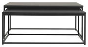 Modernes Couchtisch-Set aus zwei schwarzen Tischen mit Metallrahmen, frontal betrachtet.