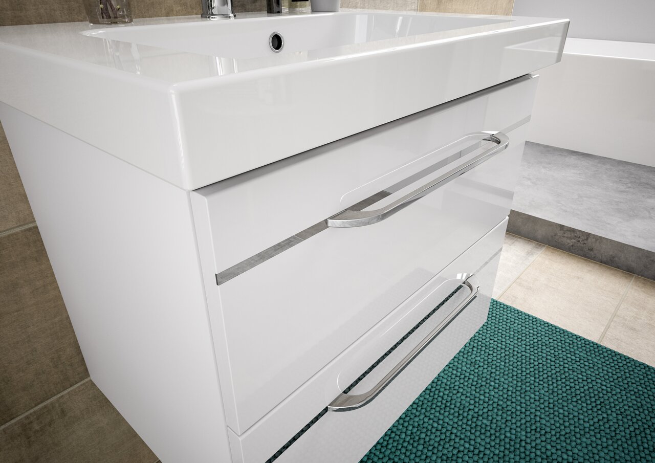 Moderner weißer Waschtisch mit zwei Schubladen und verchromten Griffen, seitliche Perspektive
