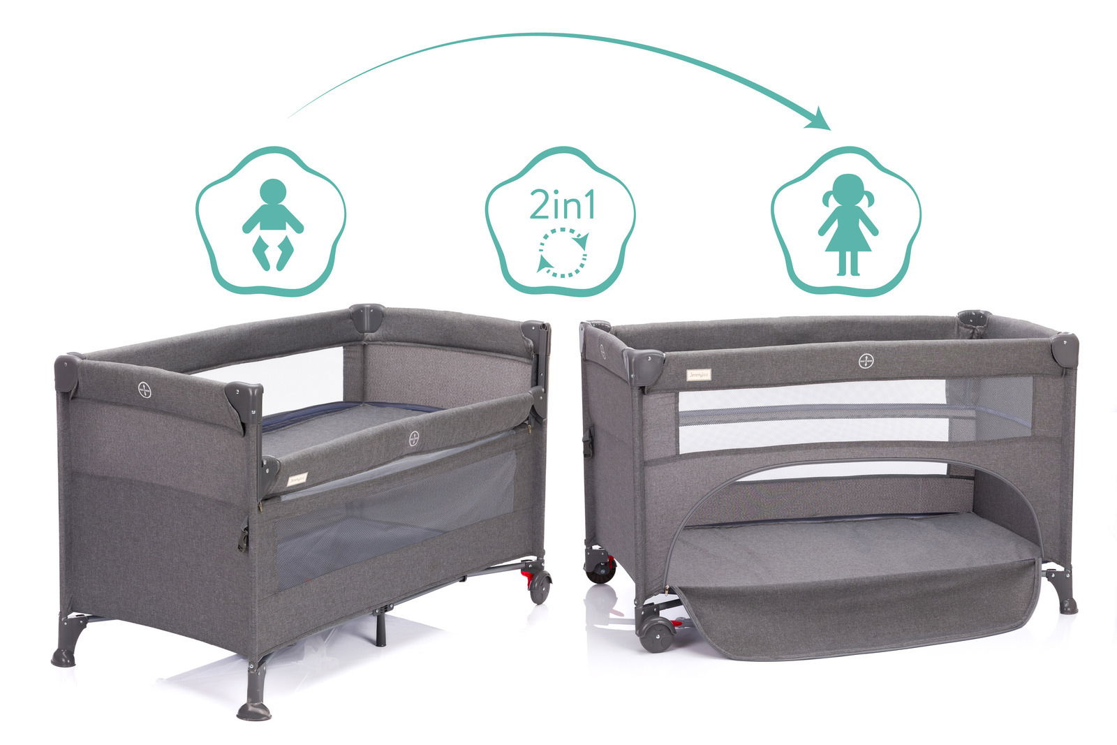JIMMYLEE Reisebett Reisebett in grauer Farbe, 2-in-1 Funktion, mit Netzseiten und Rollen, seitliche Perspektive