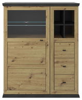 Frontale Ansicht eines Highboards aus Holz mit Glastür, Schubladen und offenen Fächern.