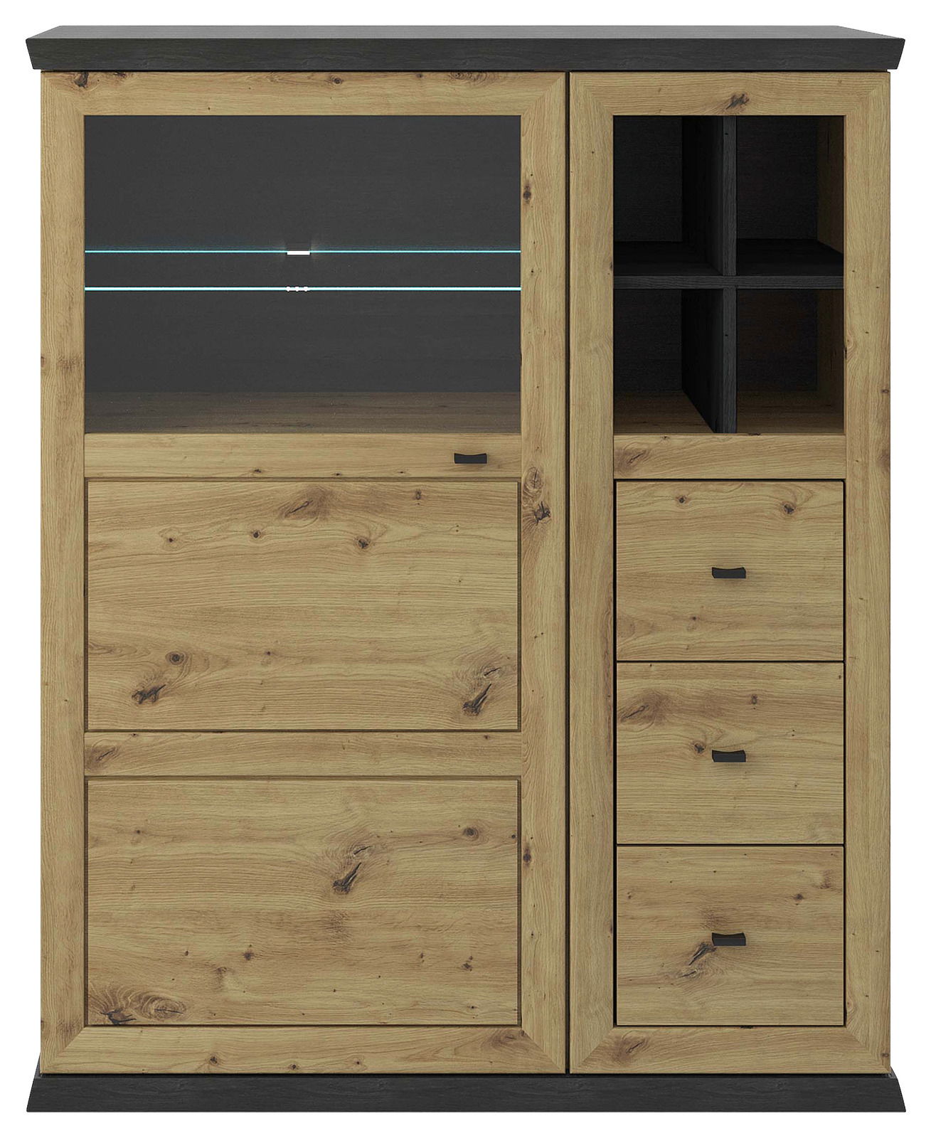 Frontale Ansicht eines Highboards aus Holz mit Glastür, Schubladen und offenen Fächern.