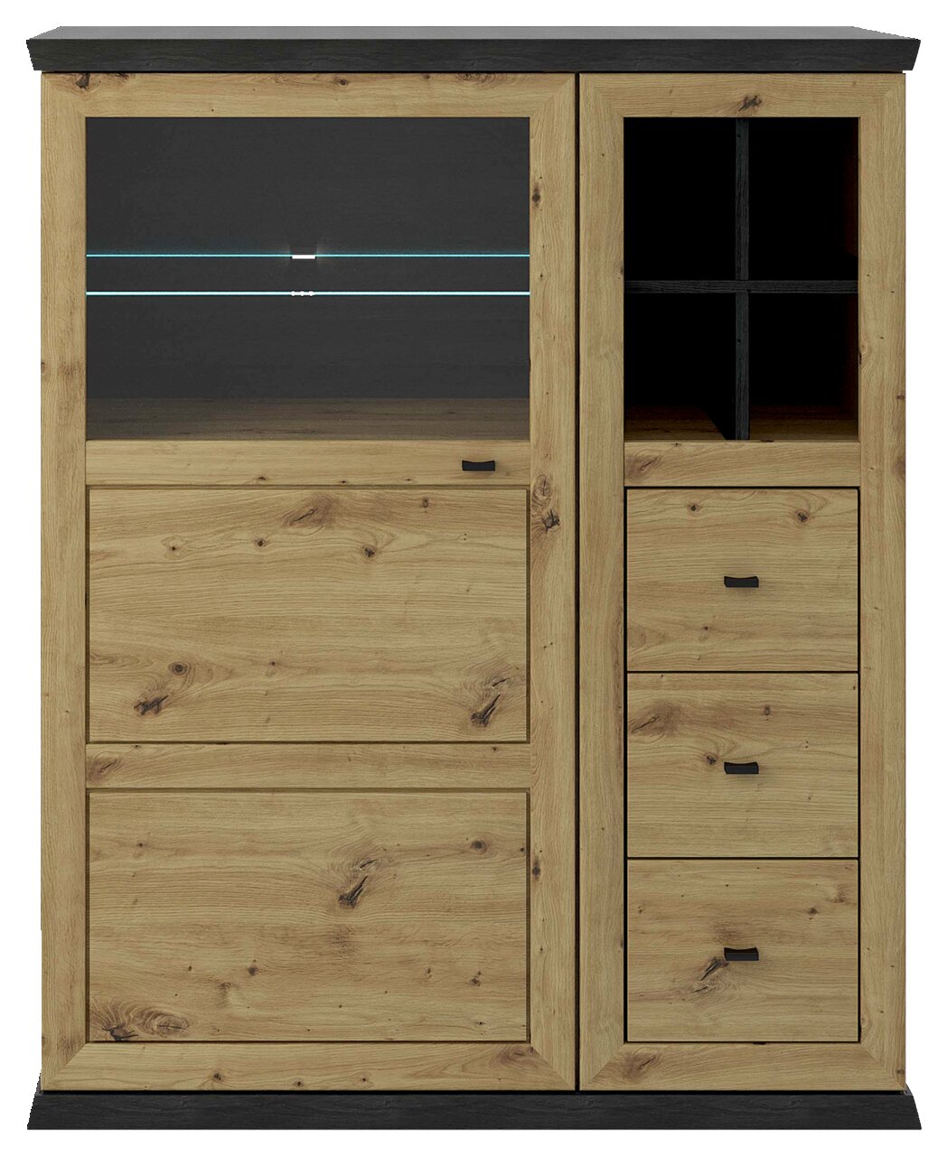 Vooraanzicht van een houten hoogkast met glazen deur, lades en open vakken.