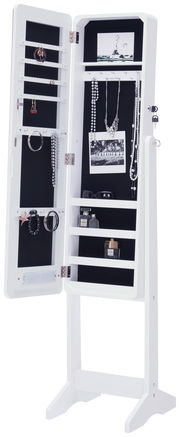 Weißer LED-Schmuckstandspiegel mit geöffneter Tür, zeigt Innenfächer und Haken für Schmuckaufbewahrung, seitliche Perspektive.