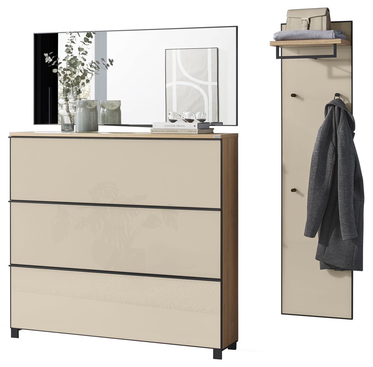 Modernes Flur-Set mit beiger Kommode und großem Spiegel sowie passender Garderobenpaneele mit Ablage und Haken, in Frontansicht leicht schräg von vorn.