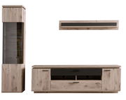 Moderne Wandkombination aus Holz mit Glasvitrine, TV-Schrank und Wandregal, frontal betrachtet.