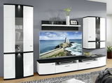 Moderne Wandkombination in Weiß und Schwarz mit Vitrinen, Regal und TV-Schrank, frontal betrachtet.