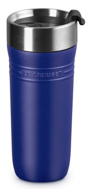 Blauer Thermobecher 350ml mit Edelstahlrand und Deckel, Vorderansicht
