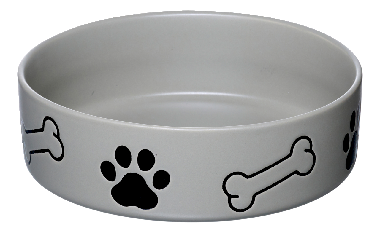Ritzenhoff & Breker Napf 850ml Dog MIKA Grauer Hundenapf mit Knochen- und Pfotenmuster, seitliche Perspektive