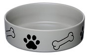 Grauer Hundenapf mit Knochen- und Pfotenmuster, seitliche Perspektive