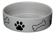 Grauer Hundenapf mit Knochen- und Pfotenmuster, seitliche Perspektive