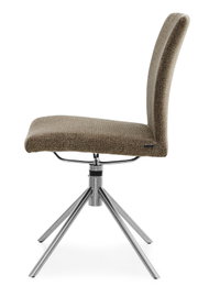 Moderner Stuhl mit braunem Stoffbezug und Metallgestell, Seitenansicht