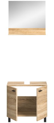 Waschbeckenunterschrank aus Holz mit zwei offenen Türen, frontal betrachtet, mit passendem Spiegel darüber.