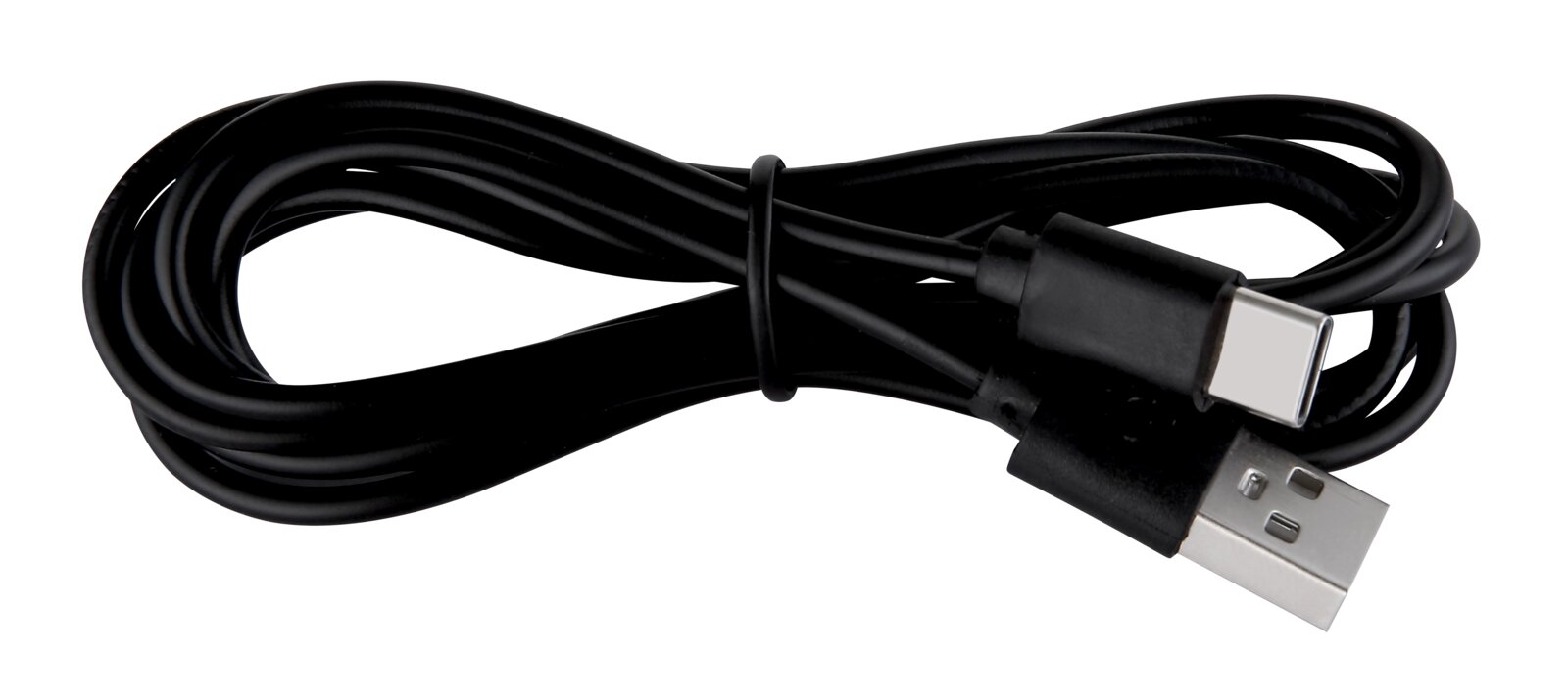 Schwarzes USB-Kabel mit USB-A und USB-C Anschlüssen, seitliche Perspektive